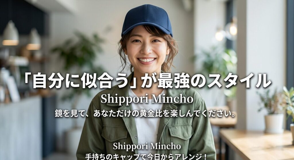 「自分に似合うが最強のスタイル」というメッセージと、鏡を見て黄金比を楽しむことを促すテキスト