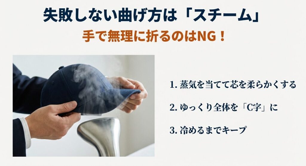 スチーマーの蒸気をキャップのつばに当てている画像と、芯を柔らかくして曲げる手順の解説