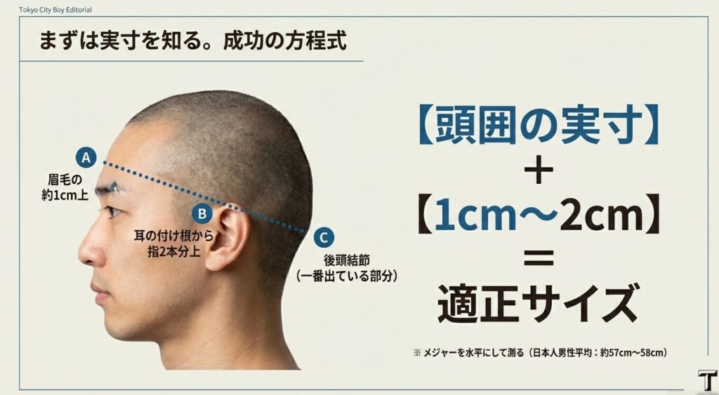 眉毛の上と後頭部の一番出ている部分を結んで頭囲を計測する位置を示した図解