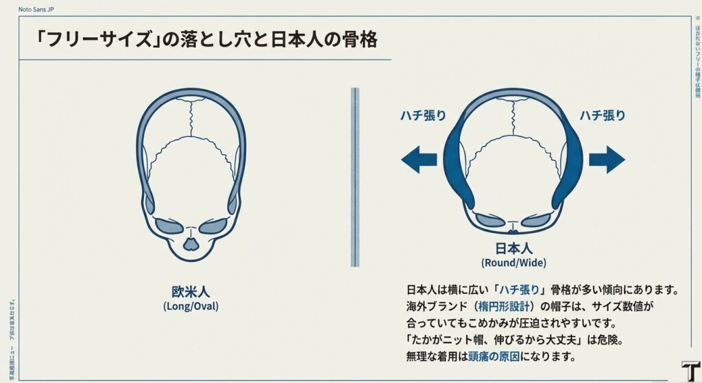 欧米人の長頭型と日本人のハチ張り型の骨格を比較し、サイズ選びの注意点を解説した図