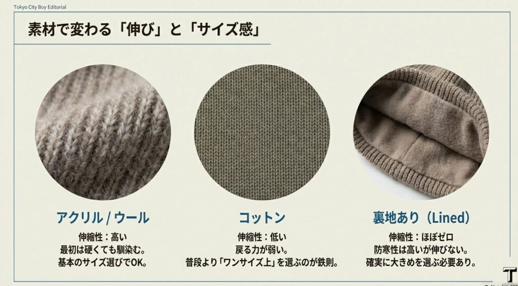 伸縮性の高いウール・アクリル素材と、伸びにくい裏地(ライニング)付きニット帽の質感比較