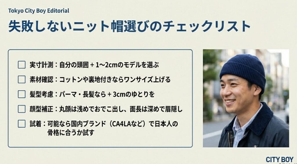 実寸計測、素材確認、髪型、顔型補正などのニット帽選びの重要ポイントをまとめたチェックリスト
