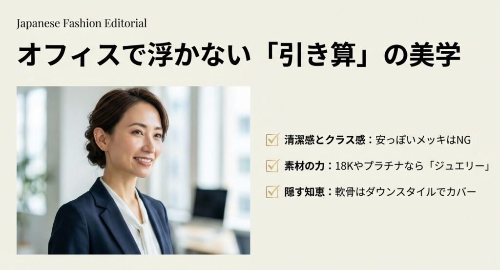 スーツを着たビジネス女性。職場で浮かないための清潔感とクラス感、素材選びの重要性を解説。