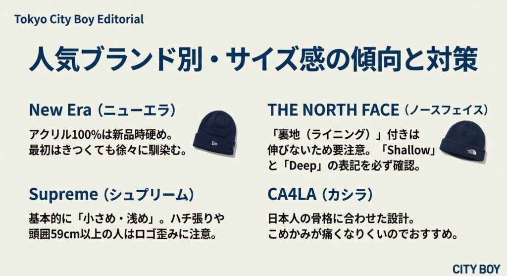 ニューエラとザ・ノース・フェイスのニット帽の写真と、各ブランドのサイズ感や選び方のポイント