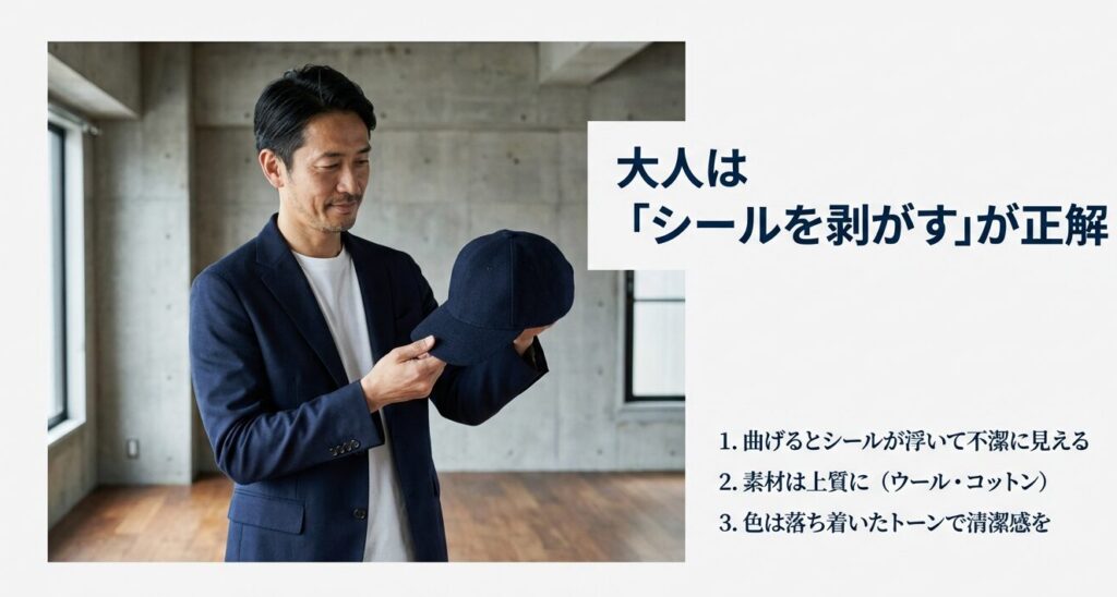 キャップのシールを剥がす男性の画像と、清潔感を出すための3つのポイント（曲げると不潔に見える理由など）の解説