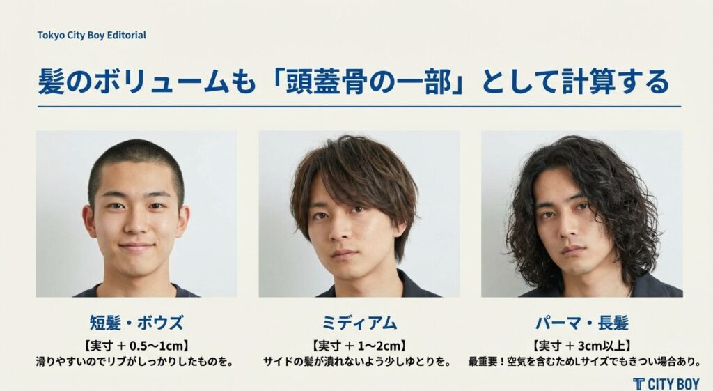 短髪、ミディアムヘア、パーマヘアの男性の写真と、それぞれの髪型に応じた推奨サイズ加算値