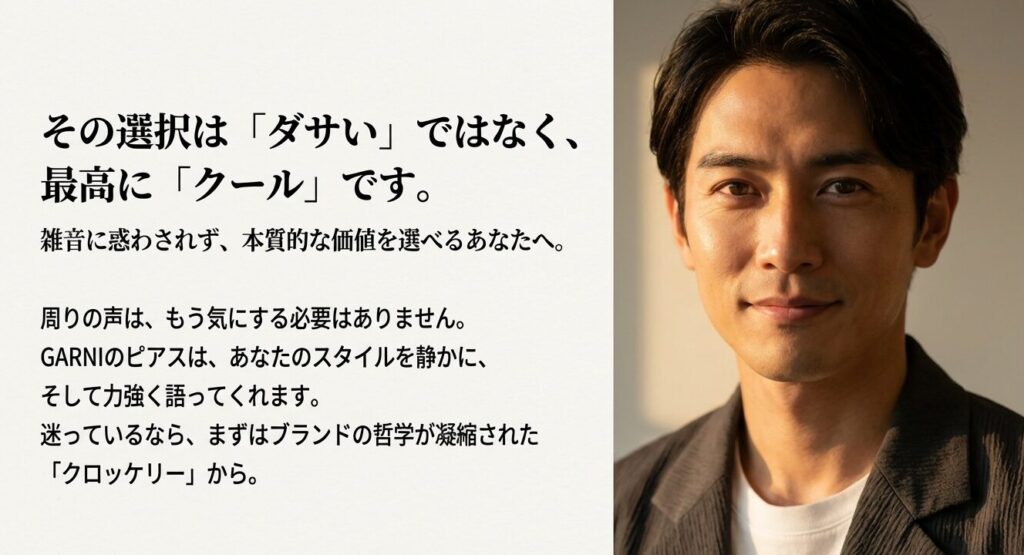 自信に満ちた表情の男性。「その選択はダサいではなく最高にクールです」という後押しメッセージ。