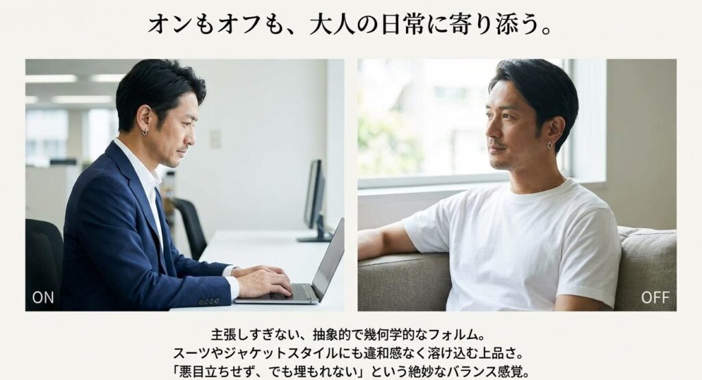 スーツ姿のビジネスシーンとTシャツ姿のカジュアルシーン、両方でガルニのピアスを着用している比較画像。