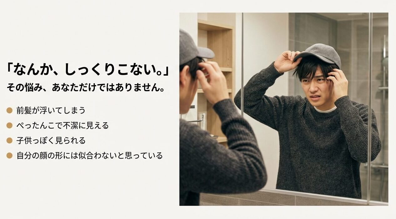 キャップを被って鏡を見て違和感を感じる男性