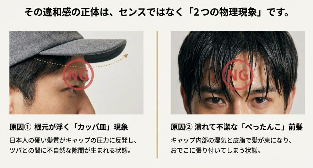 キャップ前髪のNG例：浮き（カッパ皿）とぺったんこ