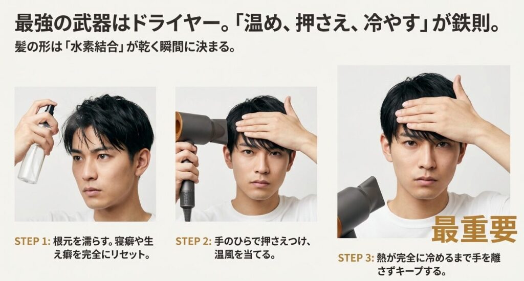 ドライヤーを使った前髪の根元潰しセット手順