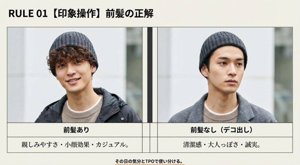ニット帽を被る際の前髪の処理による印象操作。親しみやすい前髪ありスタイルと、清潔感のあるデコ出しスタイルの比較。