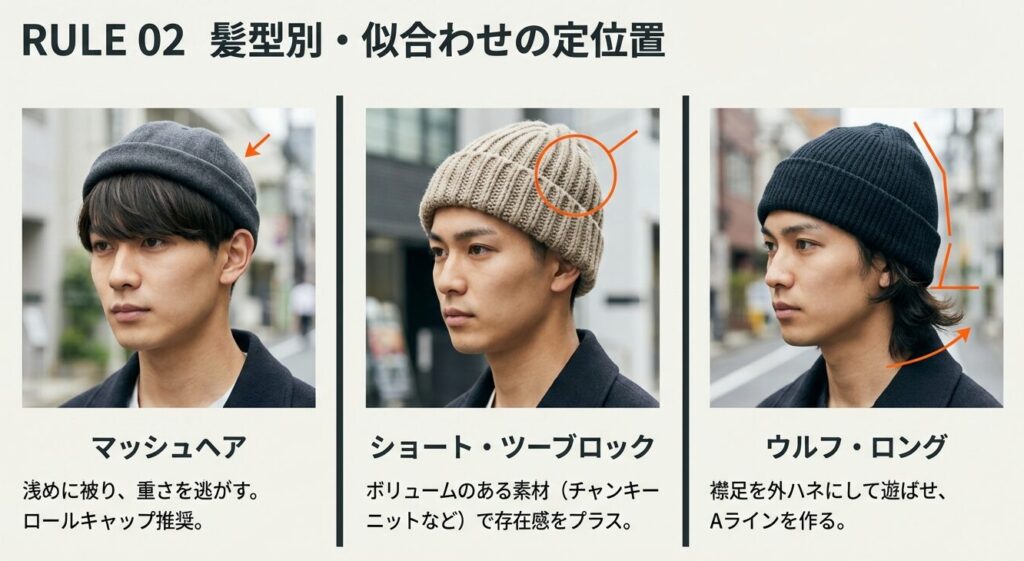 マッシュヘア、ショート・ツーブロック、ウルフ・ロングヘアそれぞれの髪型に適したニット帽のかぶり方と選び方の図解。