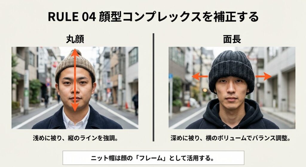 丸顔は縦ラインを強調し、面長は横ボリュームで調整するための、顔型別ニット帽のかぶり方と視覚効果の解説図。