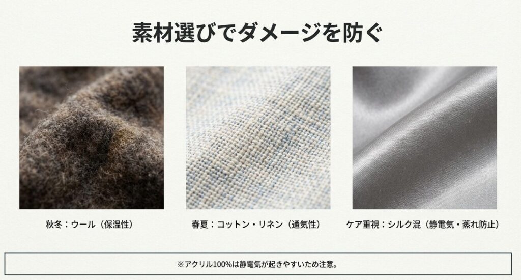 ウール、リネン、シルクなどニット帽の素材ごとの質感の拡大写真と、静電気や蒸れを防ぐための選び方ガイド。