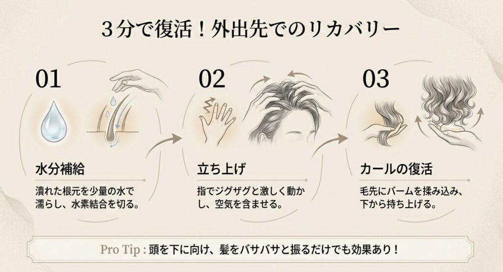 外出先でできる髪の復活リカバリー術3ステップ。水分補給、立ち上げ、揉み込みの手順解説。