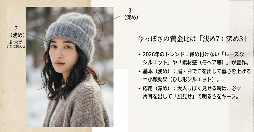 ニット帽の被り方の黄金比率図解。浅め被りと深め被りの印象の違いと2026年のトレンド。