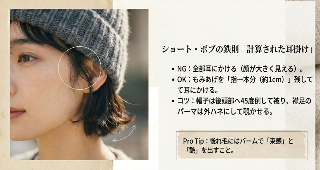 ショートヘアとボブヘアのニット帽アレンジ図解。もみあげの後れ毛と襟足の外ハネの作り方。