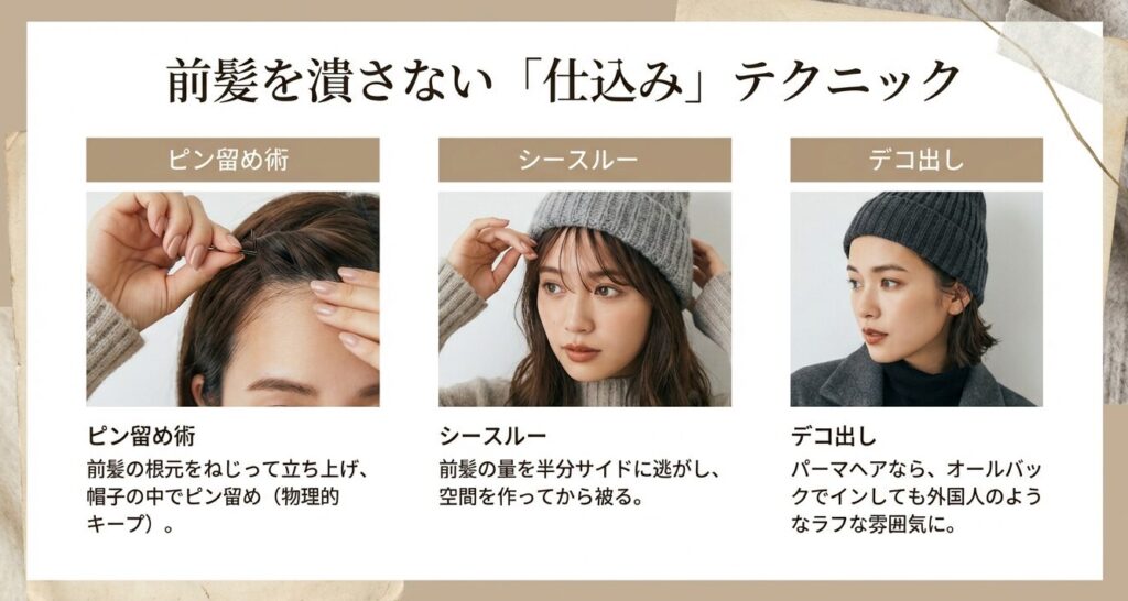 ニット帽を被る際の前髪対策図解。ピン留め術、シースルーバング、デコ出しスタイルの手順。