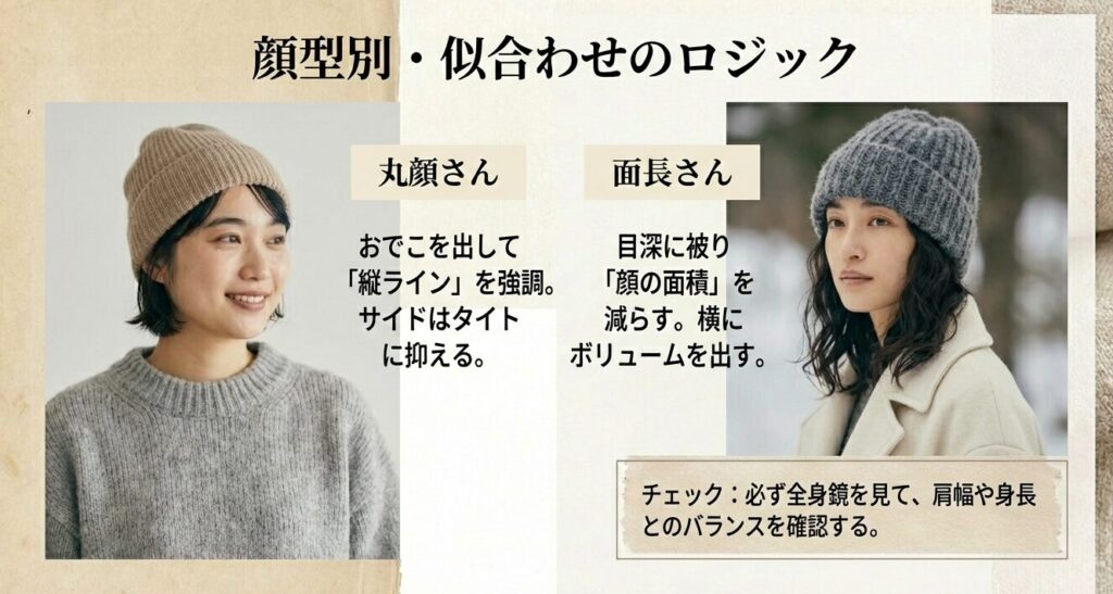 顔型別のニット帽の選び方チャート。丸顔は縦ライン、面長は横ボリュームを意識するポイント解説。