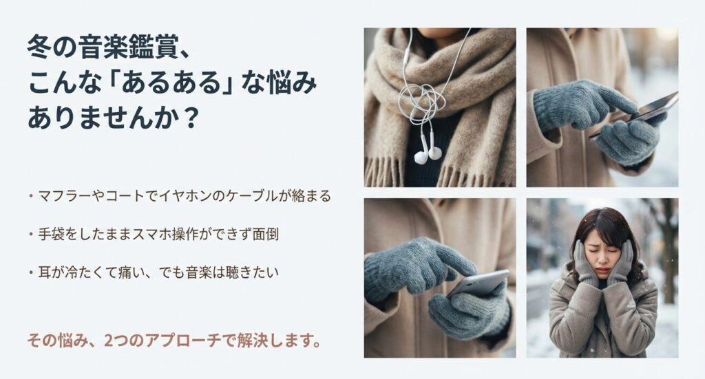 マフラーでケーブルが絡まる様子や手袋でスマホ操作ができない冬のイヤホンあるあるの悩み図解