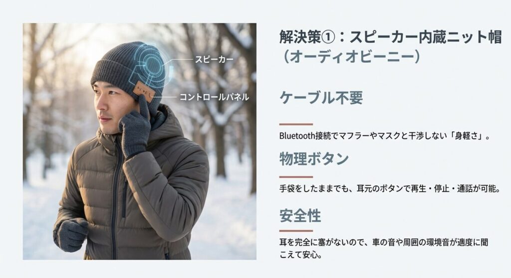 スピーカーとコントロールパネルが内蔵されたオーディオビーニーの構造と着用イメージ