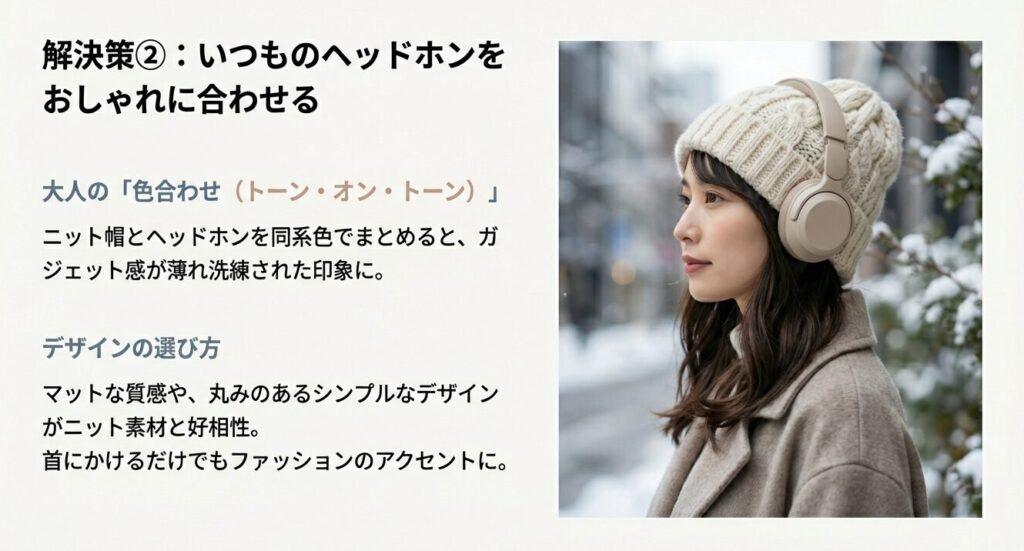 トーン・オン・トーンで合わせたニット帽とヘッドホンのおしゃれなコーディネート例