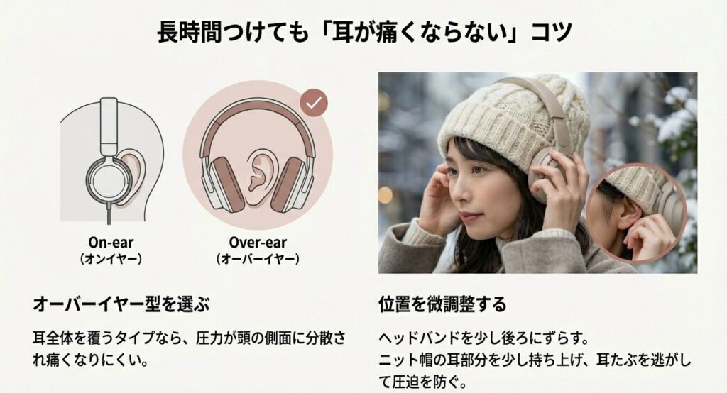 オンイヤー型とオーバーイヤー型の違いと耳の痛みを防ぐための正しい装着位置の図解