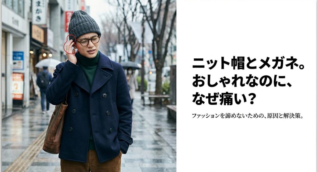 ニット帽とメガネを併用して耳の裏を押さえて痛がっている男性のイメージ画像