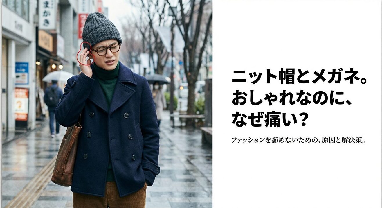 ニット帽とメガネを併用して耳の裏を押さえて痛がっている男性のイメージ画像