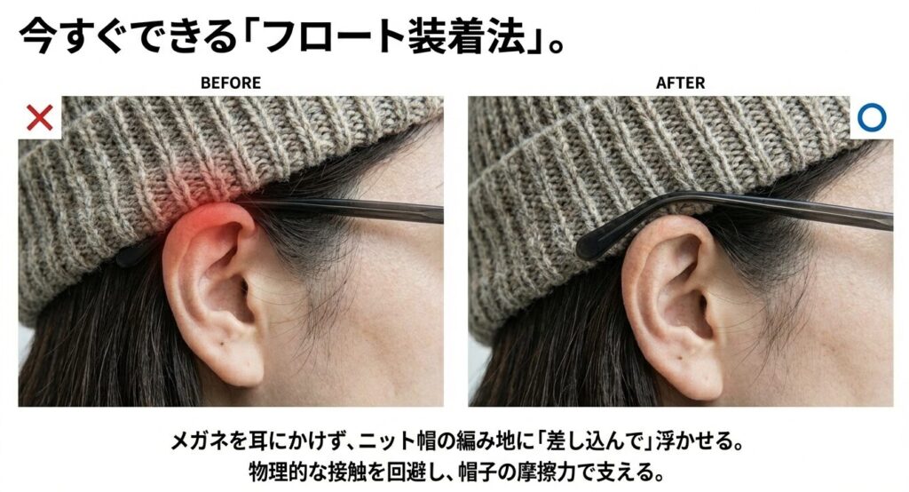 メガネのテンプルを耳にかけずにニット帽に差し込んで浮かせる「フロート装着法」の正しいやり方とNG例の比較
