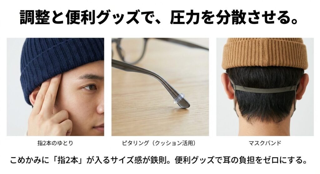 こめかみに指2本が入るサイズの確認方法と、ピタリングやマスクバンドを使った圧迫分散の対策グッズ紹介