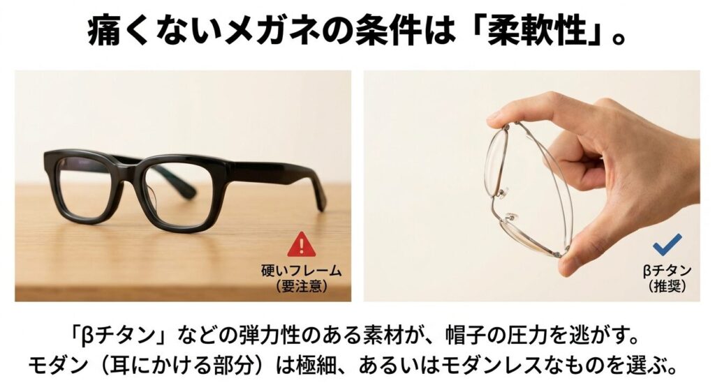 硬いプラスチックフレームと、柔軟性が高くニット帽の圧力を逃がすβチタンフレームの比較画像