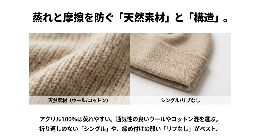 蒸れと摩擦を防ぐウールやコットンなどの天然素材と、締め付けの少ないシングル・リブなしニット帽の素材感