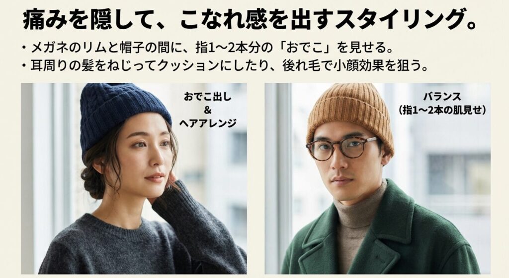 おでこを出したレディースのヘアアレンジと、指1〜2本の肌見せバランスを意識したメンズのニット帽コーディネート例