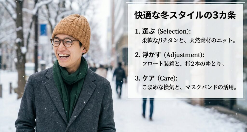 ニット帽とメガネの痛みを解決する3つのポイント。素材選び、フロート装着での調整、マスクバンドなどでのケアのまとめ