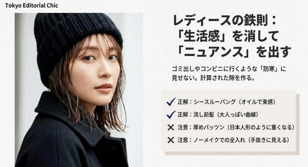 レディースニット帽の鉄則は生活感を消してニュアンスを出すシースルーバングや流し前髪