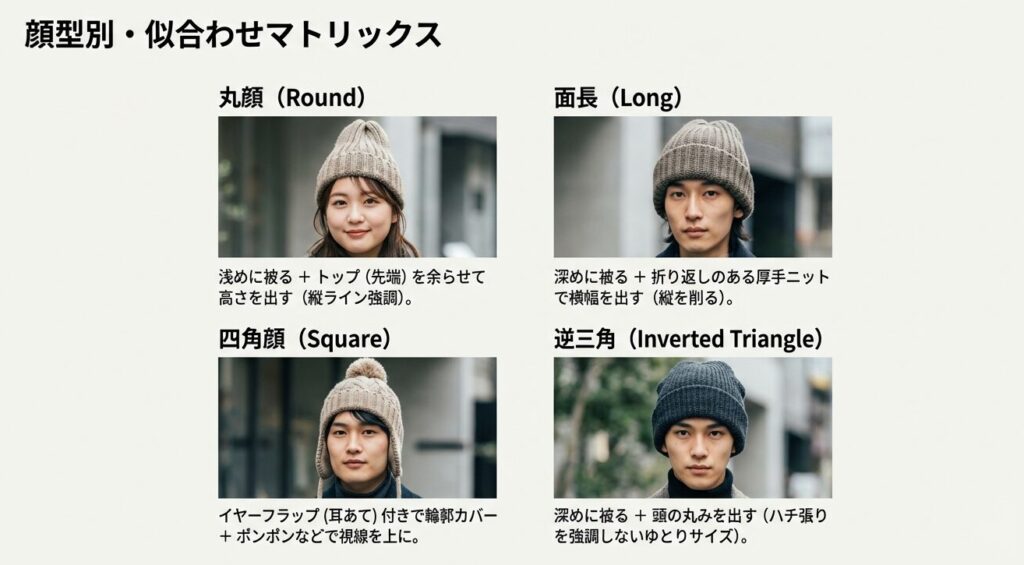 丸顔・面長・四角顔・逆三角ごとのニット帽の似合う被り方と補正テクニック一覧
