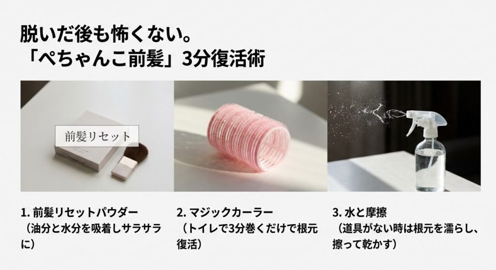 帽子を脱いだ後のぺちゃんこ前髪を3分で直すためのリセットパウダーとマジックカーラー活用法