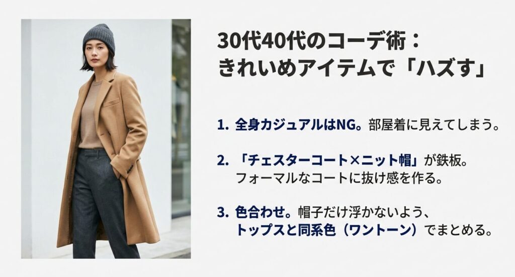 30代40代のニット帽コーデ術、チェスターコートなどのきれいめアイテムでハズすテクニック