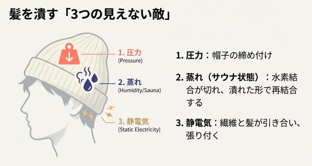 ニット帽着用時の毛髪変形メカニズム。圧力、蒸れによる水素結合の切断、静電気による張り付きの3要素を図解。