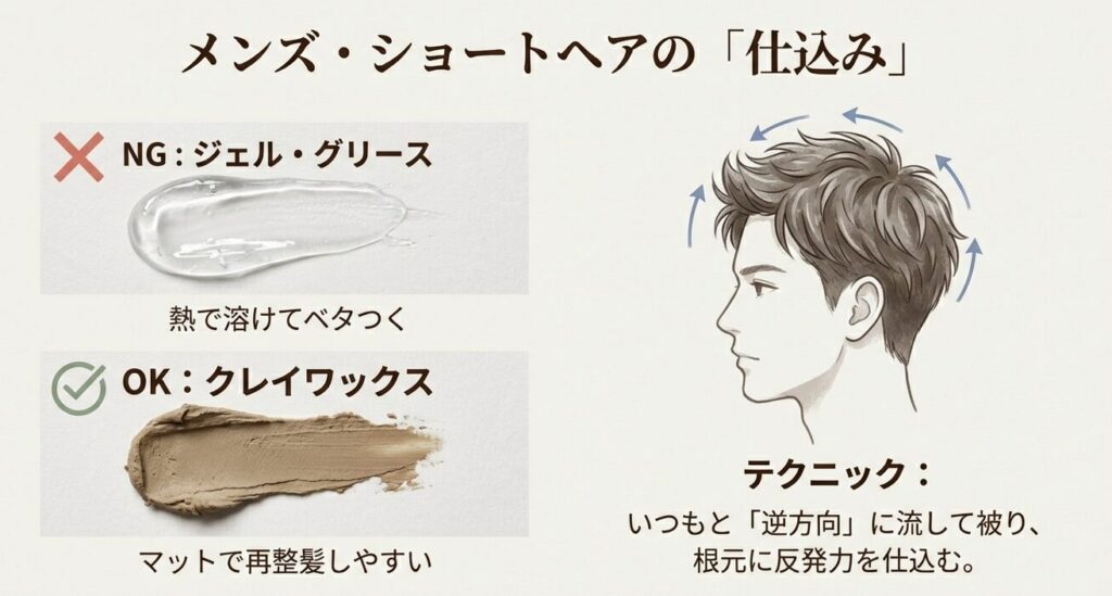 男性のニット帽対策。NGなジェル・グリースとOKなクレイワックスの比較。逆方向に髪を流して根元に反発力を仕込むテクニックのイラスト。