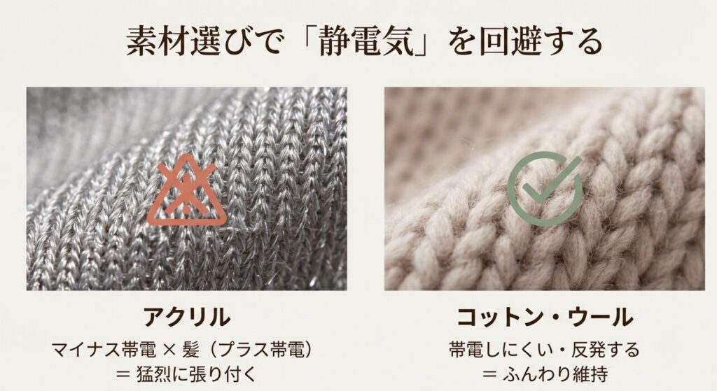 ニット帽の素材比較。アクリルは静電気が起きやすくNG、ウールやコットンは帯電しにくく髪に優しいことを示すイメージ図。