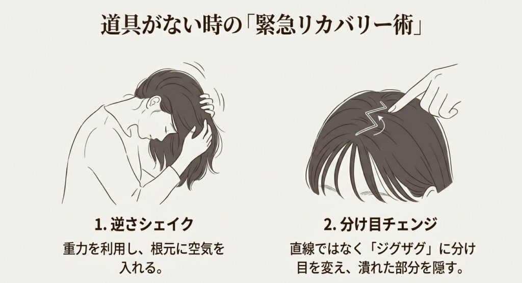 道具がない時の髪型直し方。頭を下げて根元を揺らす「逆さシェイク」と、分け目をジグザグに変える「分け目チェンジ」のイラスト解説。
