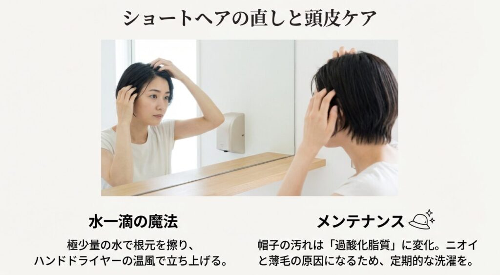 ショートヘアのボリューム復活テクニック（水滴とハンドドライヤー）と、頭皮環境を守るためのニット帽の洗濯推奨マーク