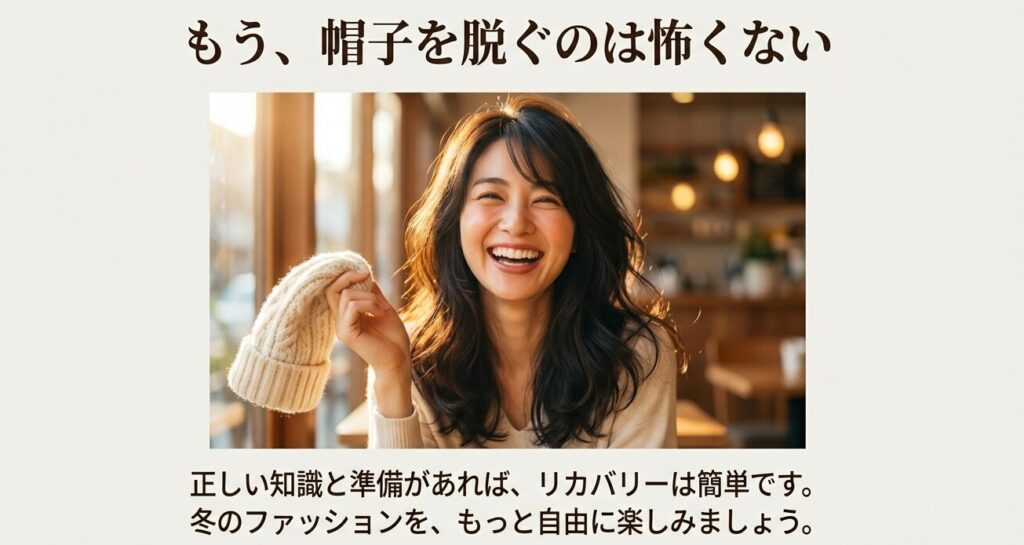 ニット帽を手に持ち笑顔を見せる女性。正しいケアと対策で冬のファッションを楽しむポジティブなイメージ。