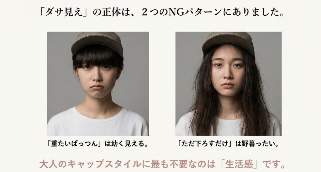 キャップ前髪のNG例：重たいぱっつん前髪と手抜きヘア