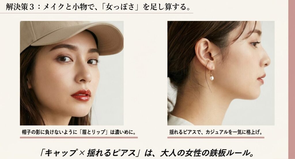 キャップコーデを格上げする揺れるピアスとメイク