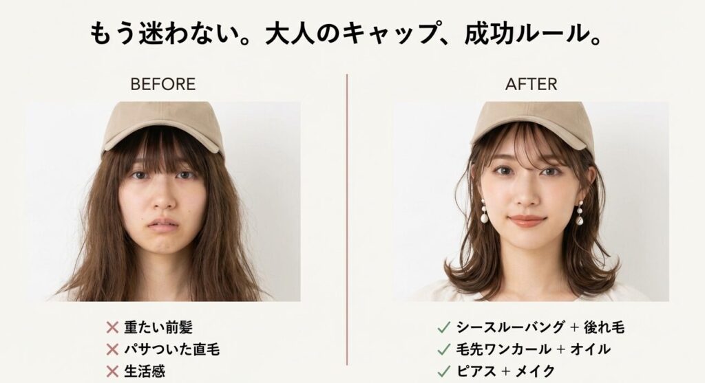 キャップの前髪アレンジによるビフォーアフター比較