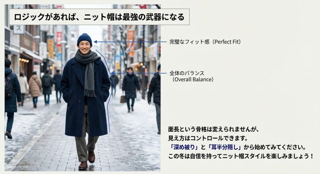 30代40代の面長男性に向けたニット帽の全身コーディネート例と、アイテム選び・被り方の復習チェックリストまとめ。